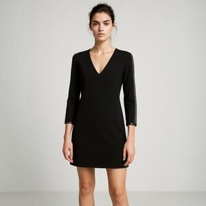 Mango Black V-neck Leather Trim Half Sleeve Career Business Mini Sheath Dress 6